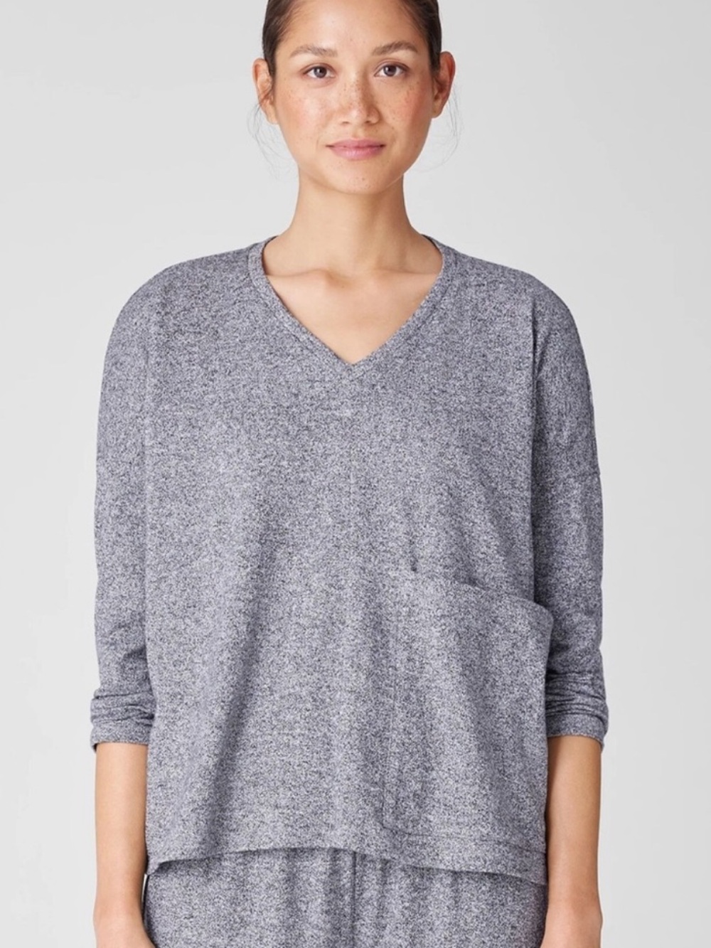 Eileen Fisher Cotton Hemp Melange Vneck Long SleeveHeather Gray Shirt Size XXS